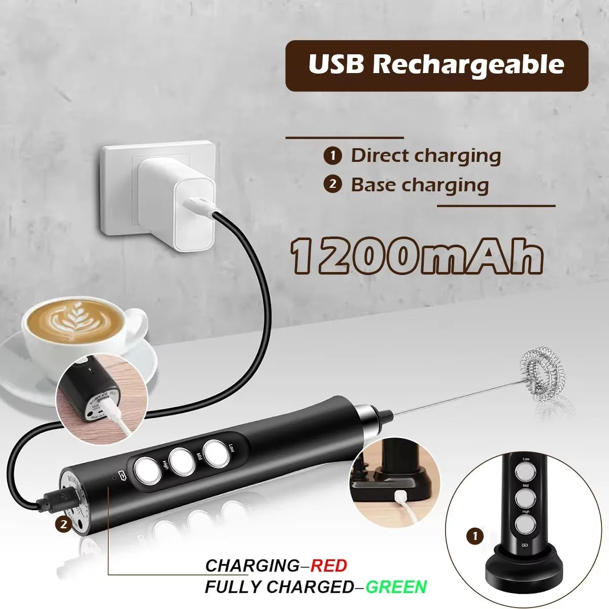 Wireless Rechargeable Electric Milk Frother - 3 Speeds, Handheld Foam Maker for Latte, Cappuccino, Hot Chocolate - USB Rechargea